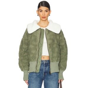 Free People Cozy Up Faux Sherpa Zip Cardigan Jacket Kelp Green Collar Bomber M